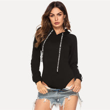 Load image into Gallery viewer, Hooded Track Bodysuit - Black with White Accents - Unfazed Tees