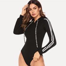Load image into Gallery viewer, Hooded Track Bodysuit - Black with White Accents - Unfazed Tees
