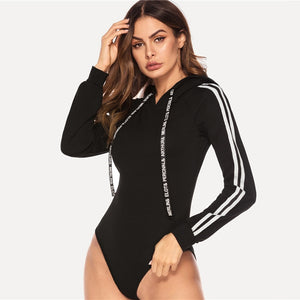 Hooded Track Bodysuit - Black with White Accents - Unfazed Tees