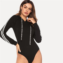 Load image into Gallery viewer, Hooded Track Bodysuit - Black with White Accents - Unfazed Tees
