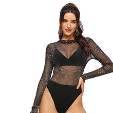 Load image into Gallery viewer, Sheer and Sparkle Bodysuit - Black / Transparent - Unfazed Tees

